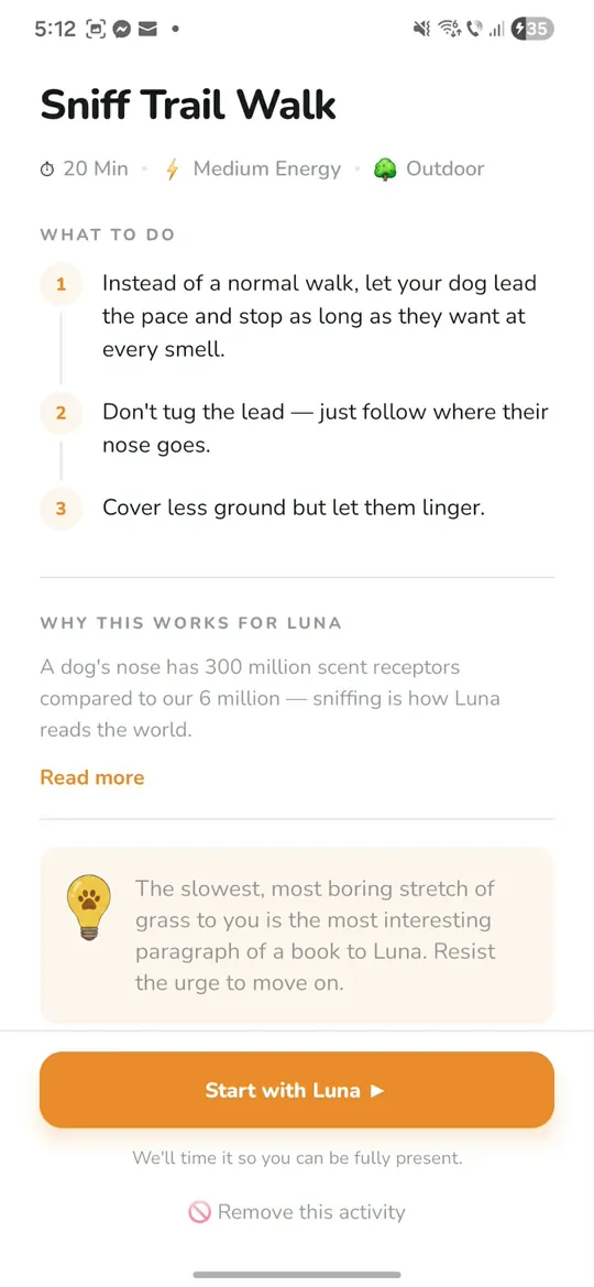 Activity detail screen for a Sniff Trail Walk with step-by-step instructions and the behaviour science behind it