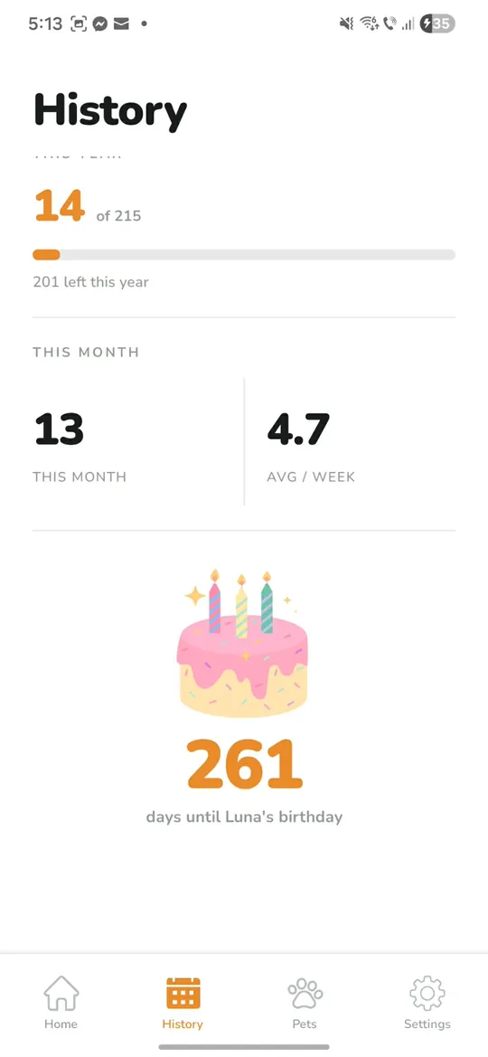 History screen showing day streak, activities completed, time spent together and a year-in-review countdown