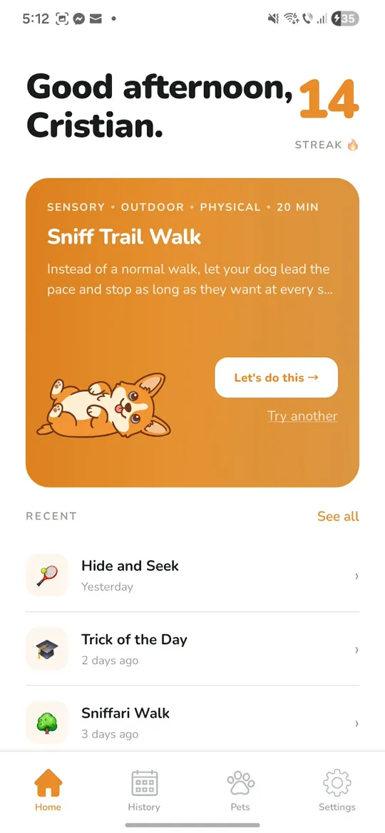 Pet Bond Daily home screen showing today's activity, a Sniff Trail Walk, and a 14-day streak
