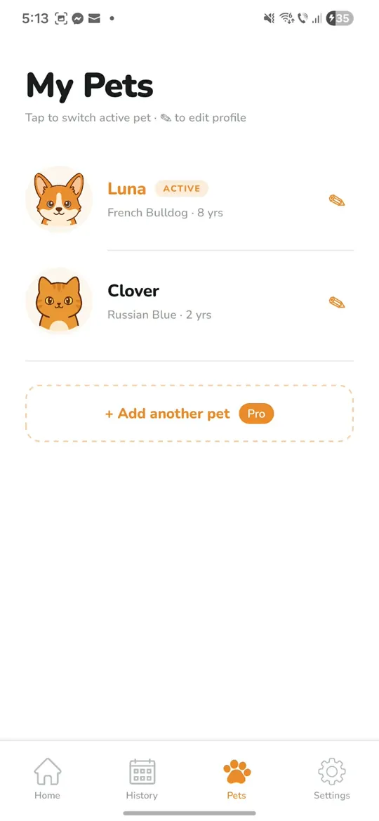 My Pets screen showing two pet profiles, Luna a French Bulldog and Clover a Russian Blue cat